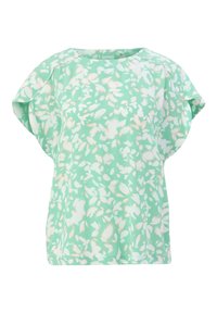 Blouse à manches courtes vert menthe avec un motif floral blanc et pêche. Tissu lisse, coupe décontractée et encolure ronde.