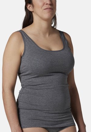 Harmaa tankkitoppi pehmeästä kankaasta, vartalonmyötäinen malli, leveät olkaimet ja pyöreä pääntie, sileä pinta, ei näkyviä kuvioita.