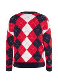 Sweter w czerwono-granatowy wzór argyle z białymi akcentami. Miękka, puszysta tekstura, długie rękawy i ściągacz w ciemnoniebieskim kolorze.
