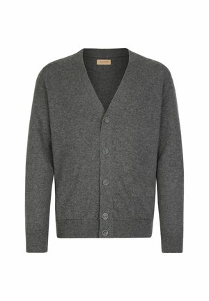 Cardigan boutonné gris foncé avec décolleté en V, manches longues, deux poches avant et poignets et ourlet côtelés.