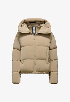 Beige padded puffer jacket with high collar, front zipper, side pockets, and elasticated hem and cuffs, isolated on white background.