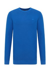 Blauer Strickpullover mit Rundhalsausschnitt, langen Ärmeln und gerippten Bündchen und Saum. Verfügt über eine dezente Textur und ein kleines Logo auf der Brust.