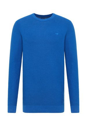 Blauer Strickpullover mit Rundhalsausschnitt, langen Ärmeln und gerippten Bündchen und Saum. Verfügt über eine dezente Textur und ein kleines Logo auf der Brust.