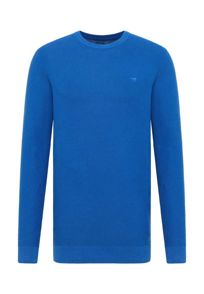 Blauer Strickpullover mit Rundhalsausschnitt, langen Ärmeln und gerippten Bündchen und Saum. Verfügt über eine dezente Textur und ein kleines Logo auf der Brust.