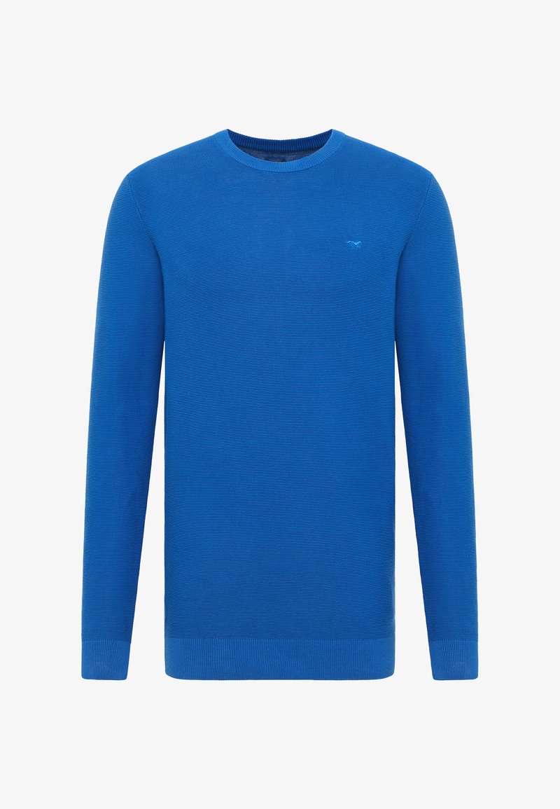Blue knit sweater with a crew neck, long sleeves, and ribbed cuffs and hem. Features subtle texture and a small logo on the chest.