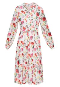 Blumiges Midikleid aus weißem Stoff mit langen Ärmeln, knopflosem Frontverschluss, tailliertem Schnitt und gestuftem Rock, der mit roten, gelben und grünen Blumenmustern versehen ist.
