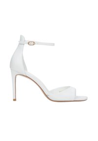 Witte hoge hakken sandalen met een enkelbandje, open teen, gladde leren materiaal, slanke hak en een beige zool. Klassiek ontwerp.
