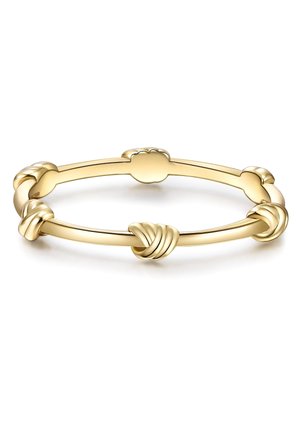Bracciale d'oro con un design liscio e arrotondato, caratterizzato da accenti a forma di nodo e una finitura lucida. La forma complessiva è slanciata e circolare.