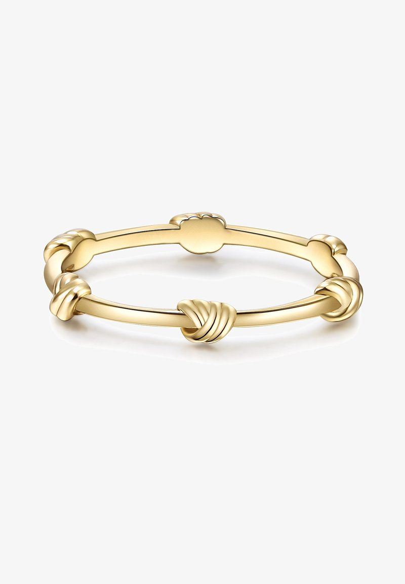 Zlati nakit z gladkim, zaobljenim dizajnom, ki vključuje naglase v obliki vozlov in poliran zaključek. Skupna oblika je vitka in krožna.