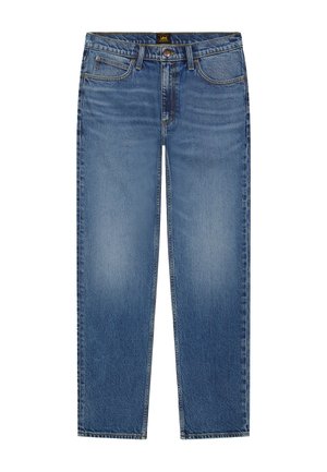 Kék egyenes szárú farmernadrág enyhe kopással a combokon, öt zsebbel, övbújtatóval és Lee márkajelzéssel a derékrészen.