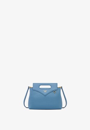 Borsa a mano in pelle blu con design strutturato, dotata di manico superiore, tracolla regolabile e finiture in metallo dorato.