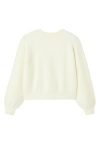 Pull beige crème, duveteux, avec un col rond, des manches raglan et des poignets côtelés. Texture douce et coupe courte.