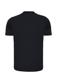 T-shirt nera a maniche corte realizzata in tessuto liscio, con scollo rotondo e un logo discreto stampato sul retro vicino al colletto.