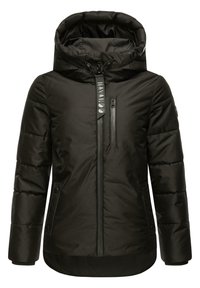 Black puffer jacket with a zip front, high neck, and adjustable hood. Features side pockets and quilted texture for insulation.