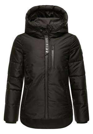 Czarna kurtka puchowa z zamkiem z przodu, wysokim kołnierzem i regulowanym kapturem. Posiada boczne kieszenie oraz pikowaną strukturę dla lepszego ocieplenia.