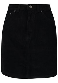 Zwarte corduroy rok met een rechte snit, knopenlijst aan de voorkant en twee zakken, met subtiele verticale ribbels over de stof.