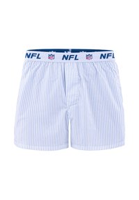 Weiße Boxershorts mit dünnen blauen vertikalen Streifen und einem weißen Bund, der das sich wiederholende NFL-Logo und den Text zeigt.
