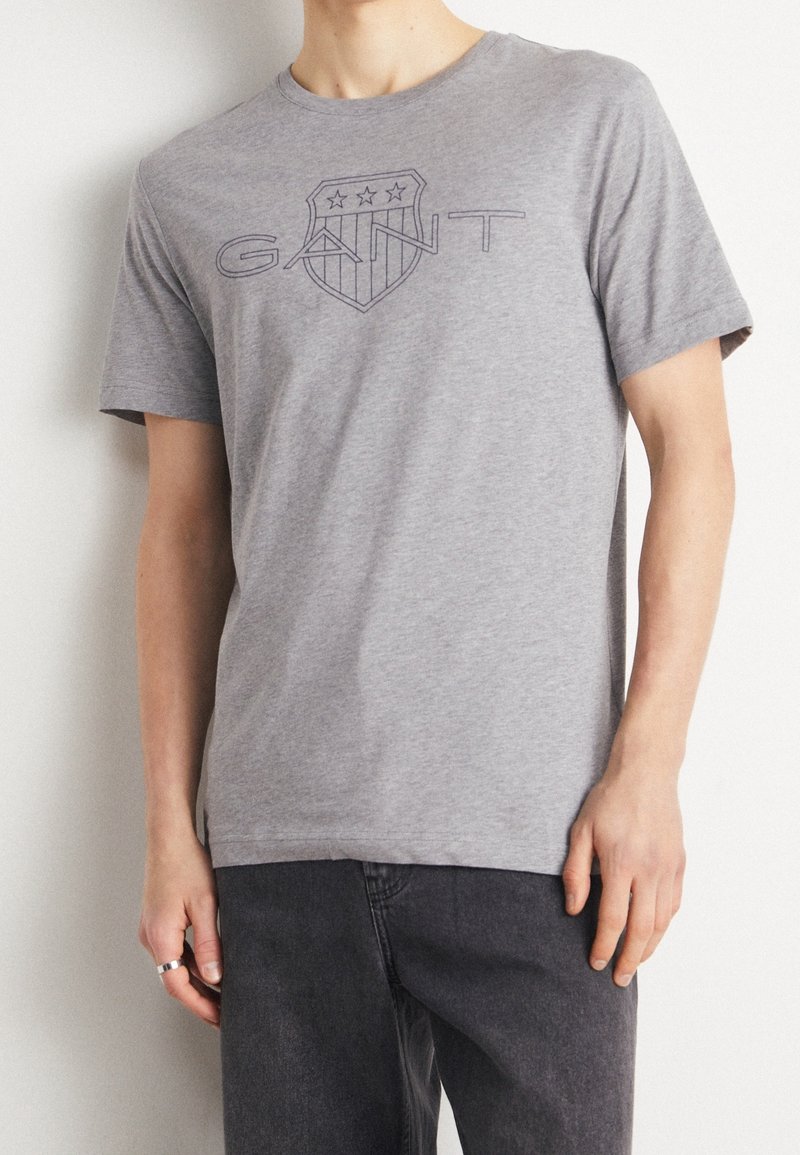 T-shirt en coton gris avec encolure ronde, arborant un écusson graphique bleu et un logo textuel. Manches courtes, coupe décontractée, texture minimale.