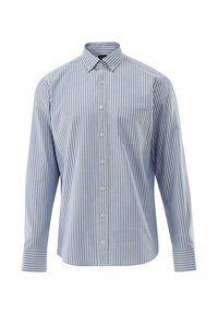 Blau-weiß gestreiftes langärmeliges Hemd mit Knopfleiste am Kragen, Brusttasche und Knöpfen an der Vorderseite, aus leichtem Stoff gefertigt.