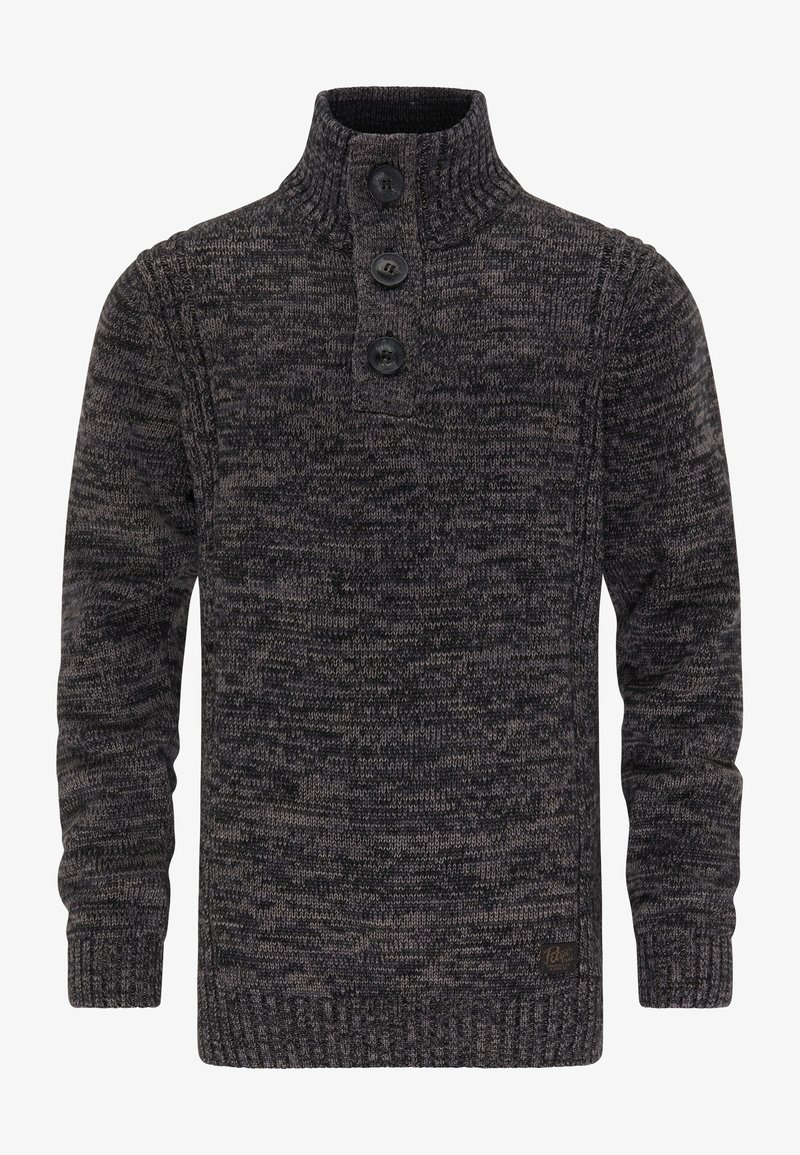 Pull-over en maille chinée gris foncé. Il présente un col montant, trois grands boutons, des poignets et un ourlet côtelés. Tissu texturé avec un motif remarquable.