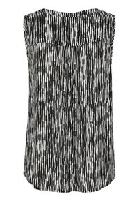 Top sans manches à rayures noires et blanches, présentant une coupe décontractée avec des plis à l'arrière et un tissu lisse et léger.