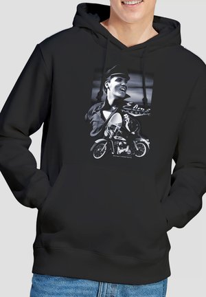 Black hoodie with black-and-white graphic of a smiling man in a cap and jacket, posing on a vintage motorcycle with "Elvis Presley" text.