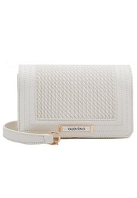 White leather clutch with a woven texture on the front, gold hardware accents, and a detachable strap. Features a logo plate.