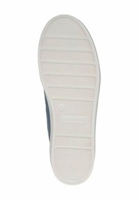 Semelle en caoutchouc blanche avec des rainures texturées et un logo, dotée d'une partie supérieure bleue qui s'incurve jusqu'au talon, design élégant et épuré.