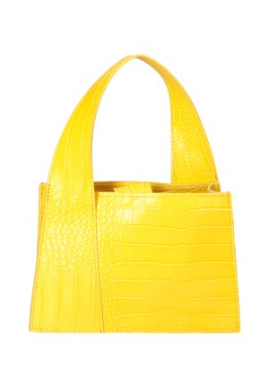 Yellow handbag with crocodile texture, rectangular shape, and wide handles extending from the sides to the top.