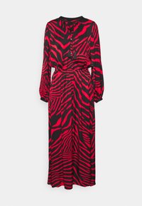 Robe longue en tissu lisse présentant un motif zèbre noir et rouge. Elle possède un col rond et des détails à boutons à l'avant.