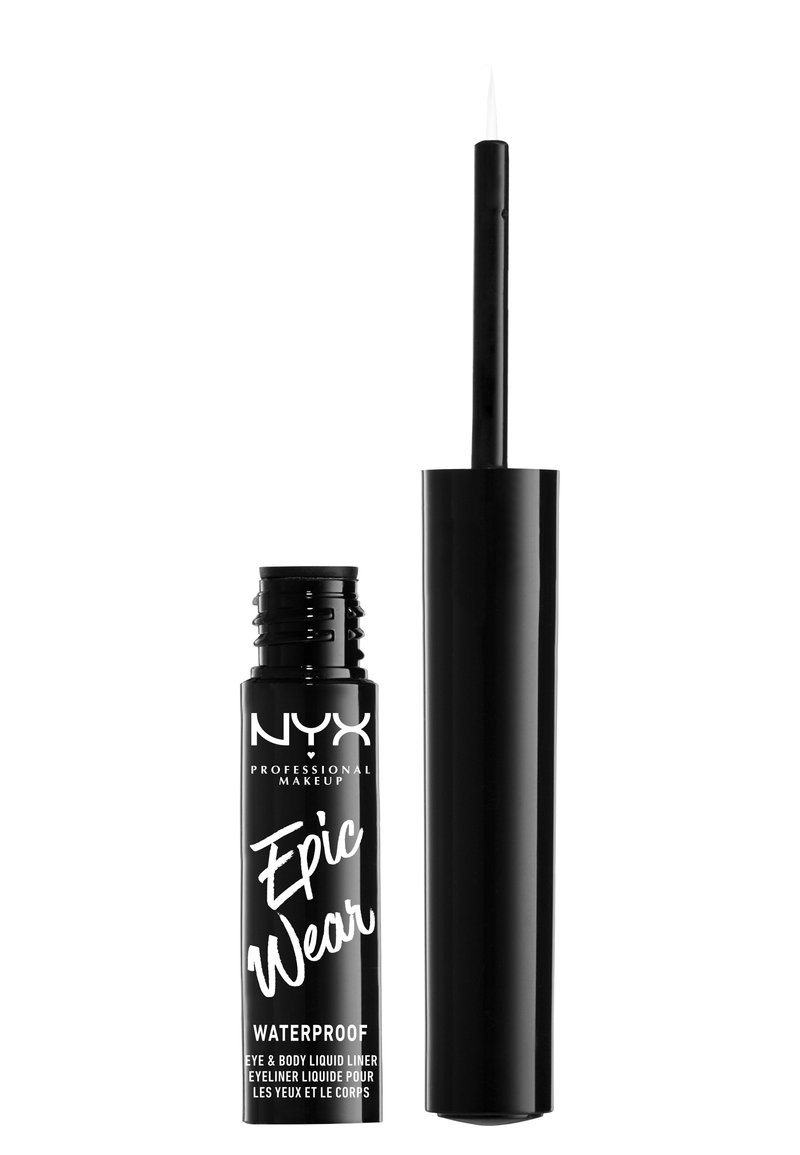 Svart flytande eyeliner med en lång, smal applikator. Förpackningen har vit text som säger "NYX Professional Makeup Epic Wear Waterproof."