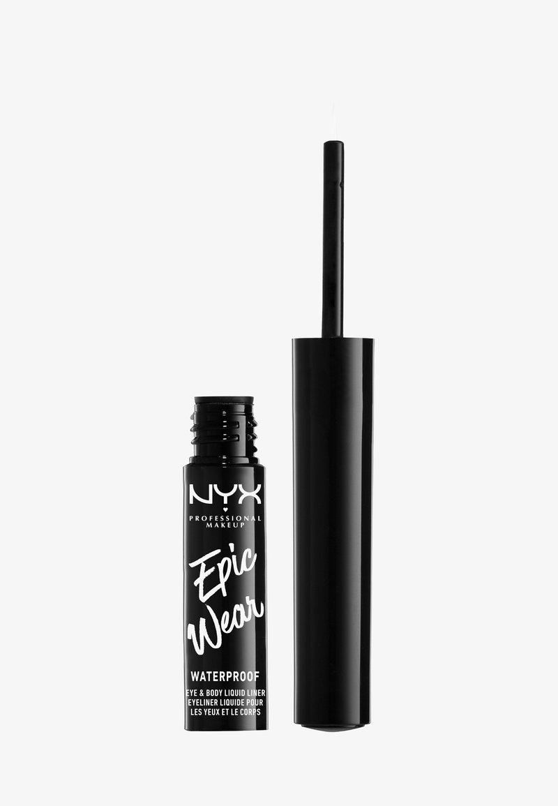 Eyeliner liquide noir avec un applicateur haut et mince. L'emballage comporte un texte blanc indiquant "NYX Professional Makeup Epic Wear Waterproof."
