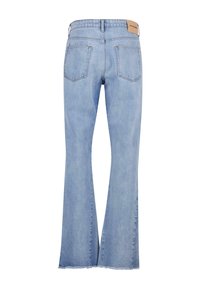 Lys blå vide jeans med rå avslutning, med høy midje og to baklommer. Laget av denim med en myk, teksturert overflate.