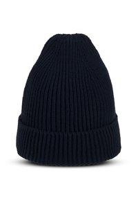 Gorro de punto azul marino con textura acanalada y puño vuelto. Presenta una parte superior ajustada y material suave y elástico.