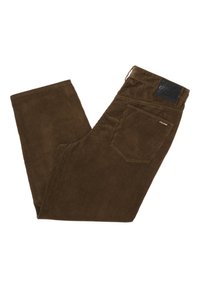 Pantalons en velours côtelé marron avec des côtes verticales, une poche arrière et une ceinture texturée avec une étiquette noire.