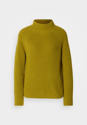 Mosterdgele gebreide trui met een hoge hals, lange mouwen, geribbelde textuur en raglan mouwontwerp. Eenvoudige, loose-fit silhouet.