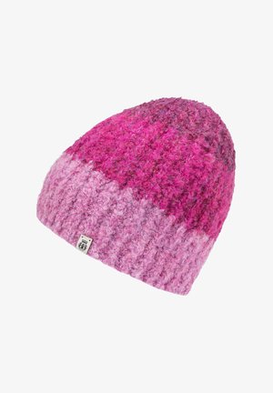Knitted beanie in shades of pink, featuring a ribbed texture and a small tag on the side. The design blends light and dark tones.