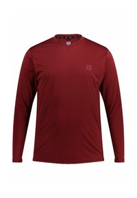 Camicia a maniche lunghe di colore rosso scuro, realizzata in tessuto liscio. Design a V con un piccolo logo stampato sul petto. Nessun motivo o dettaglio visibile.