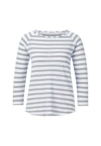 Camicia a maniche lunghe a righe grigie e bianche, scollatura rotonda, orlo leggermente curvo, realizzata in materiale morbido. Nessun motivo o accento visibile.