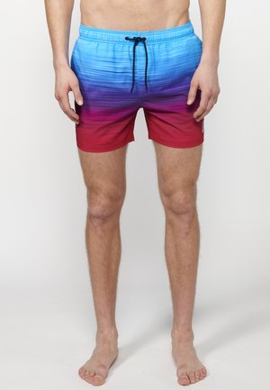 Costume de baie cu un model gradient care trece de la albastru la roșu, realizat dintr-un material ușor, cu talie elastică și șnur de ajustare.