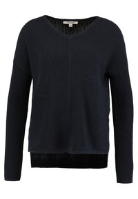 Marineblauer Strickpullover mit V-Ausschnitt, langen Ärmeln und strukturierter Stoffstruktur mit kontrastierendem Rippmuster am Saum.