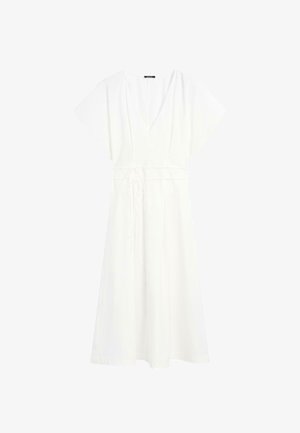 Vestito midi bianco con maniche corte, scollo a V e vita con coulisse, mostrato su uno sfondo bianco semplice.