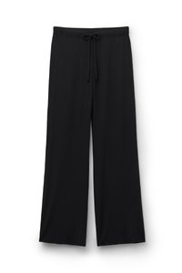 Zwarte wijde broek met elastische tailleband en een trekkoord aan de voorkant, plat weergegeven op een witte achtergrond.