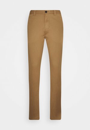 Schmale Herren-Chinos in Beige mit Gürtelschlaufen, vorderer Knopfverschluss und schlichtem Design.