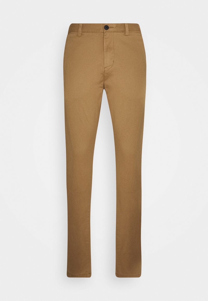 Pantalon chino beige pour homme, coupe slim, avec passants pour ceinture, fermeture à boutons sur le devant, et design uni.