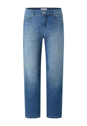Jeans denim blu a gamba dritta con tasche anteriori, passanti per cintura e chiusura con bottone, caratterizzati da un effetto sbiadito leggermente usato.