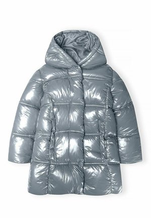 Giacca a vento grigio-argento lucida con motivo trapuntato e cappuccio, progettata per il calore e l'uso invernale.