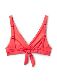 Top in bikini di colore corallo con scollatura profonda, spalline regolabili con dettagli in oro e nodo frontale. Tessuto dalla consistenza liscia.