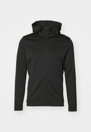 Black zip-up hoodie with a high neck. Smooth, stretchy fabric. Long sleeves and fitted cuffs. Minimalist design with no visible logos.
