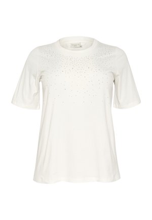 T-shirt blanc à manches courtes en coton, avec un col rond et un motif décoratif de petits studs évoquant le métal sur la poitrine.